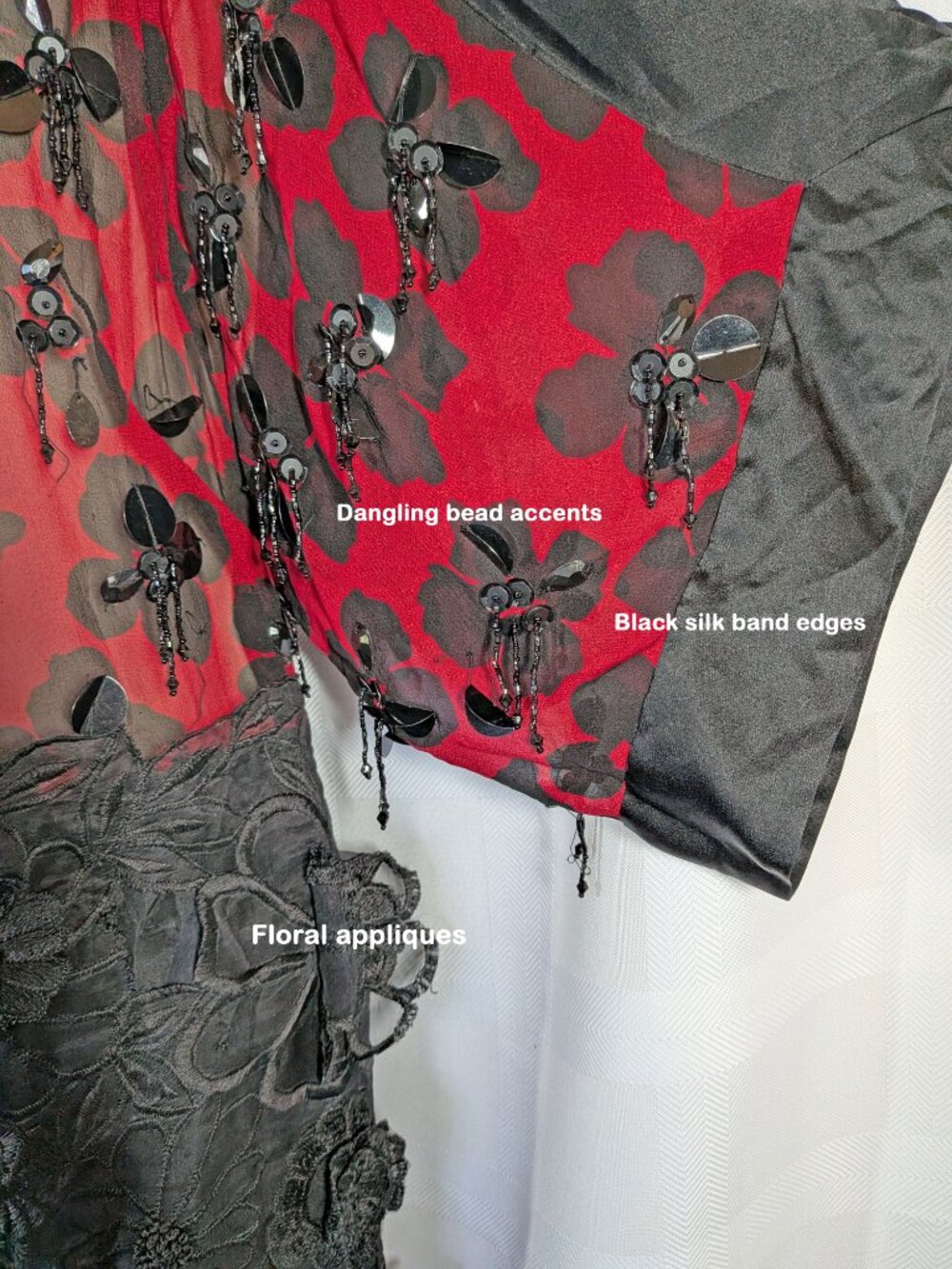 Dries Van Noten Silk Black & Red Floral Applique Dress, 38" bust, Made in India - Picture 8 of 17